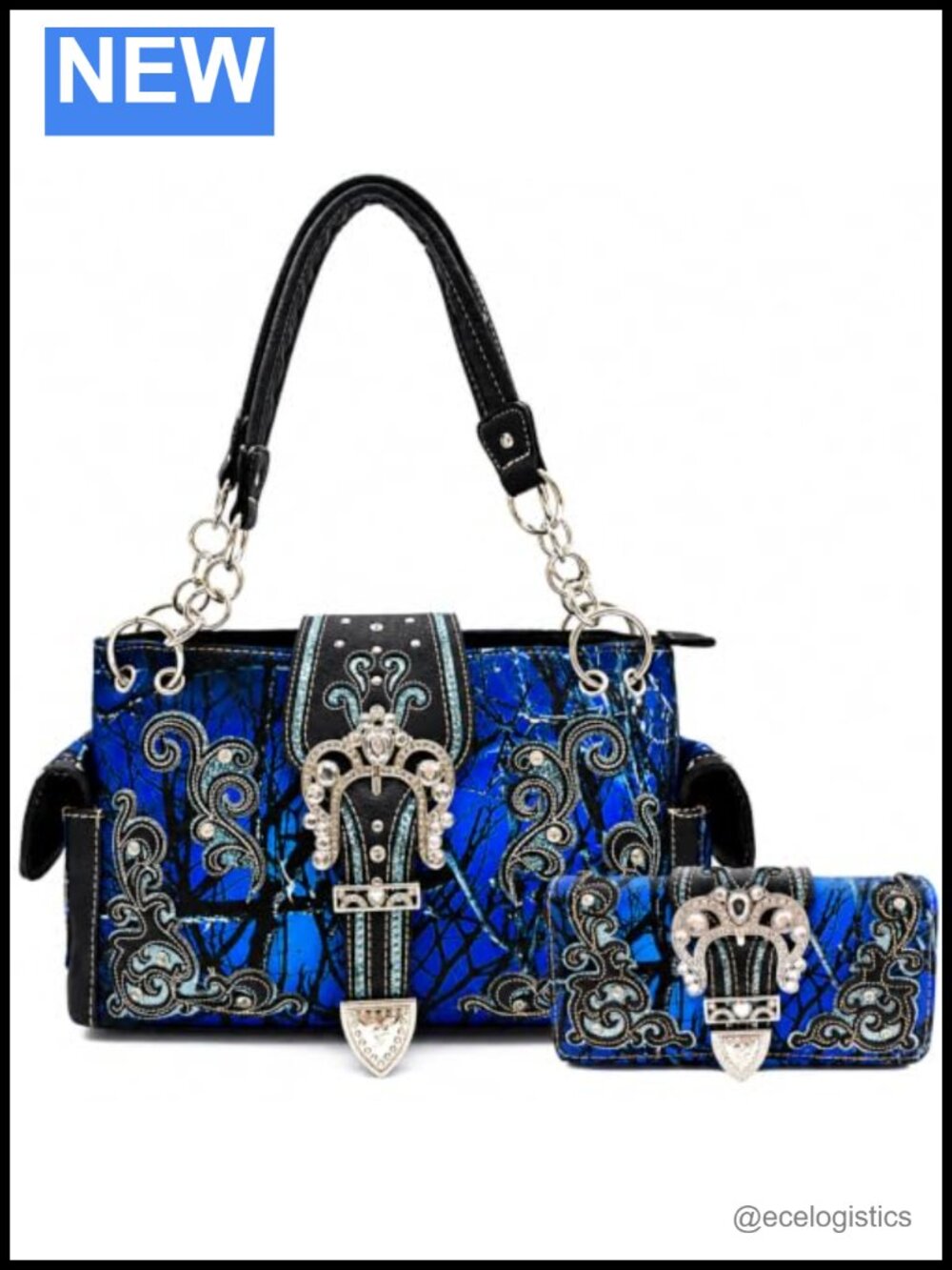 Western Camouflage Shoulder Handbag and Wallet Set, Faux Leather, Rhinestone